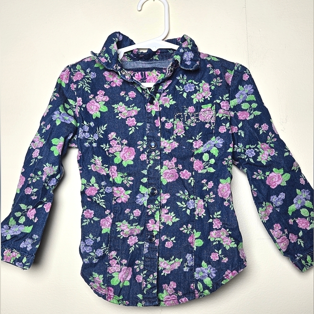 Guess Girls Navy Floral Button-Down Shirt with Pink & Green Flowers